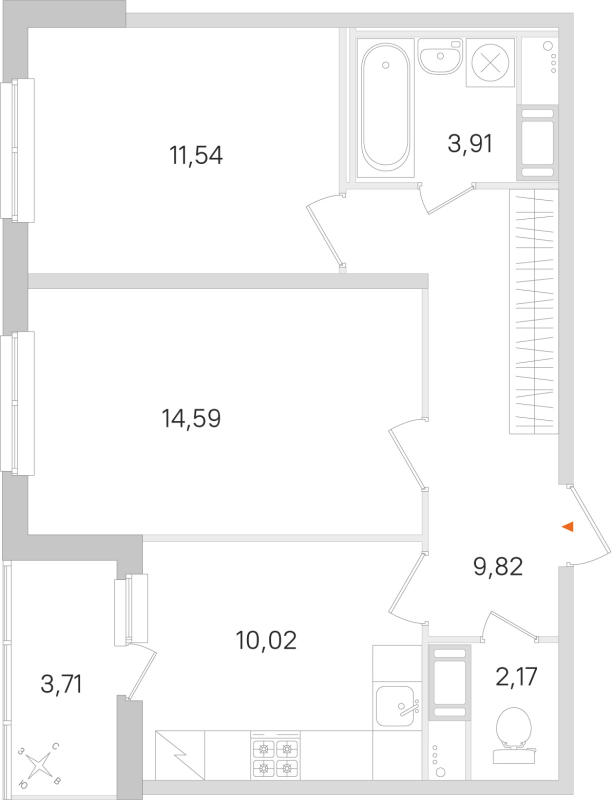 2-комнатная квартира, 52.05 м² в ЖК "Ясно.Янино" - планировка, фото №1
