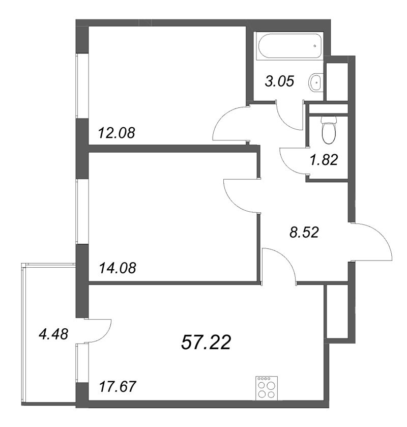 3-комнатная (Евро) квартира, 57.22 м² в ЖК "Ясно.Янино" - планировка, фото №1