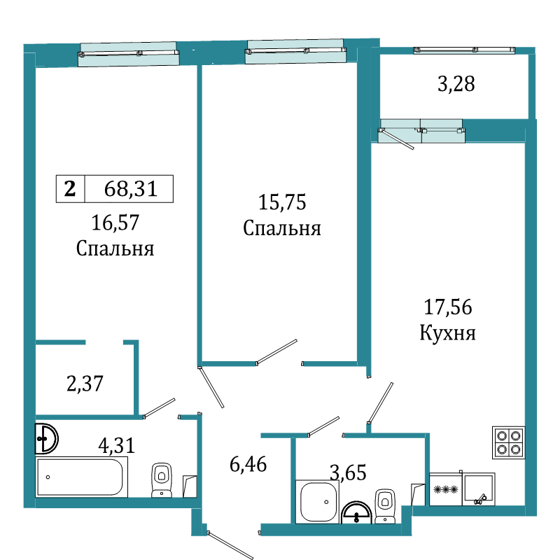 2-комнатная квартира, 68.31 м² в ЖК "Графика" - планировка, фото №1