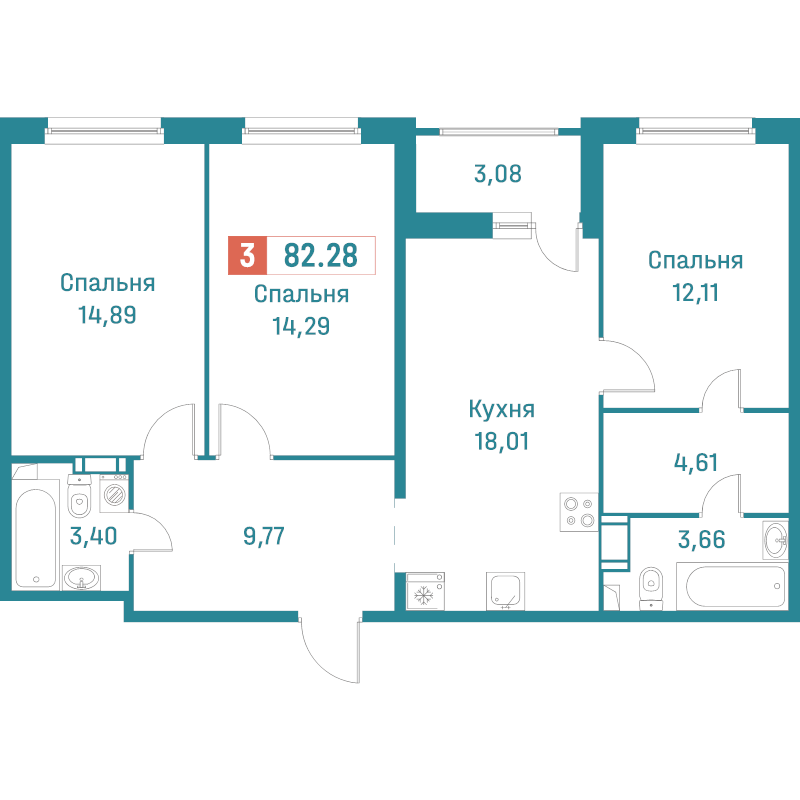 4-комнатная (Евро) квартира, 82.28 м² в ЖК "Графика" - планировка, фото №1