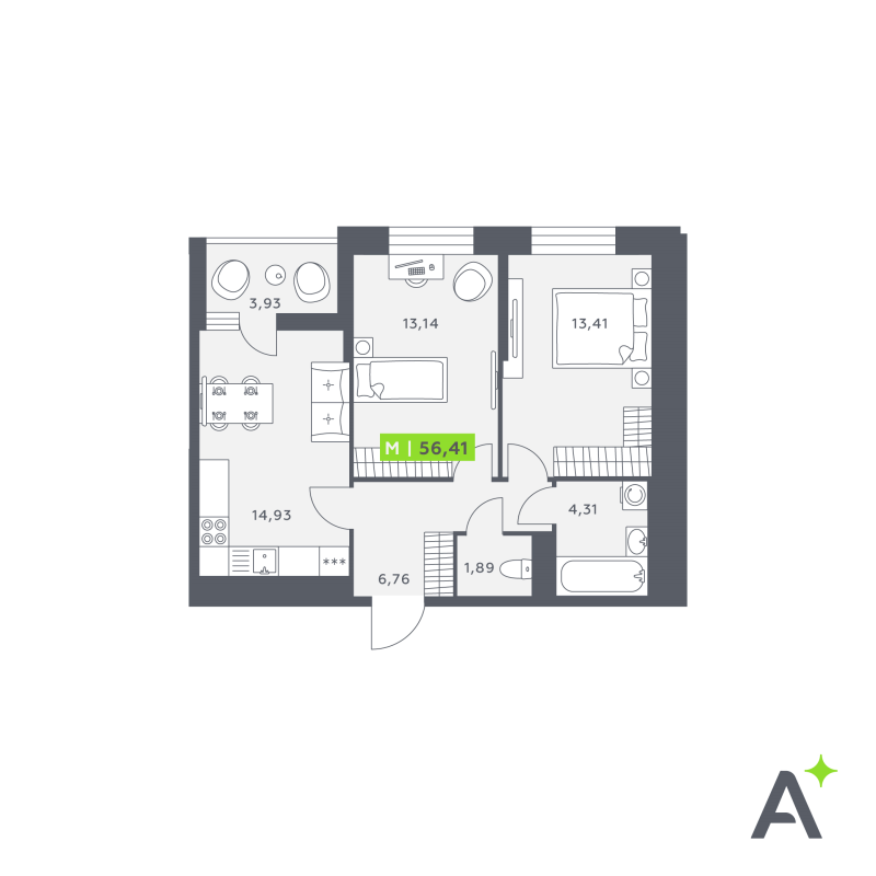 2-комнатная квартира, 57.02 м² в ЖК "Аквилон Verba" - планировка, фото №1