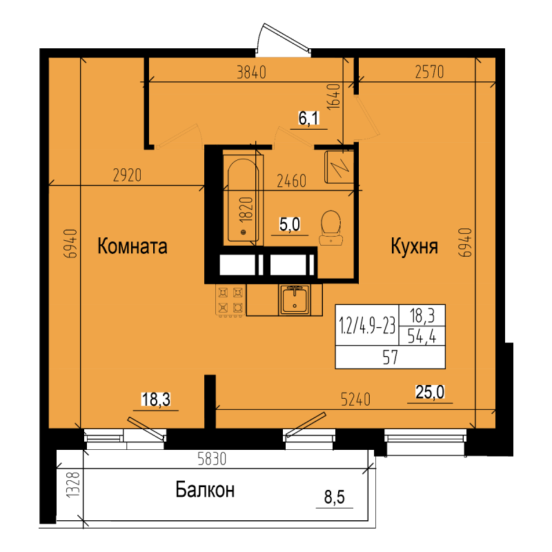 1-комнатная квартира, 57 м² в ЖК "ПРАГМА СИТИ" - планировка, фото №1