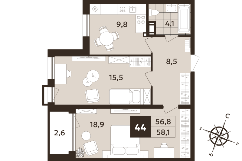 2-комнатная квартира, 56.8 м² в ЖК "Дом на Бронницкой" - планировка, фото №1