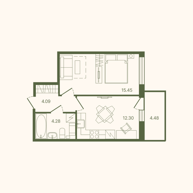 1-комнатная квартира, 37.46 м² в ЖК "Рауни" - планировка, фото №1