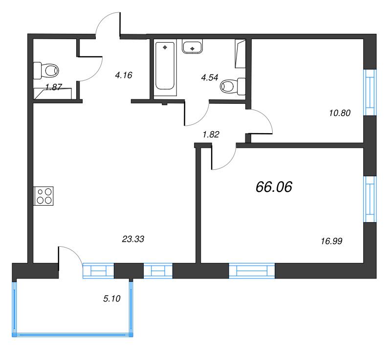 3-комнатная (Евро) квартира, 66.06 м² в ЖК "Ю Гатчина" - планировка, фото №1