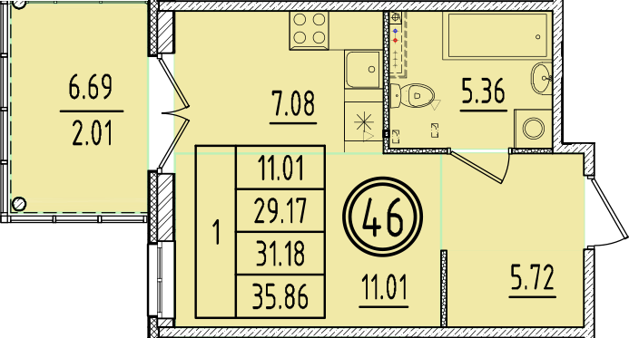 Квартира-студия, 29.17 м² в ЖК "Образцовый квартал 6.4" - планировка, фото №1