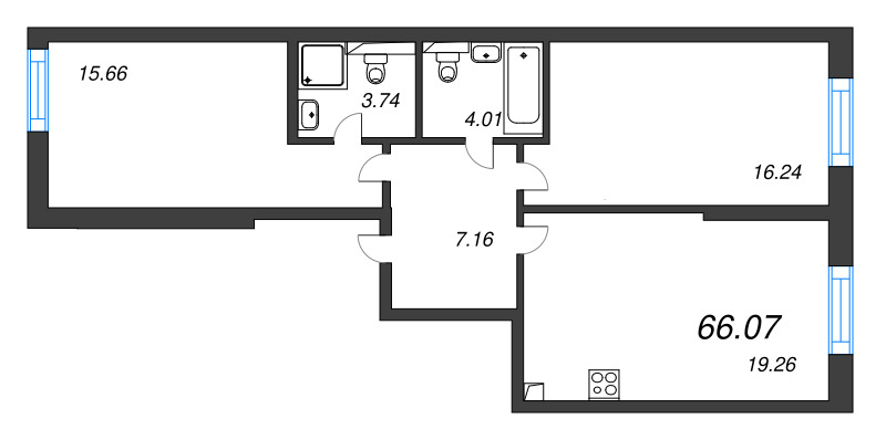 3-комнатная (Евро) квартира, 66.07 м² в ЖК "Цивилизация на неве" - планировка, фото №1