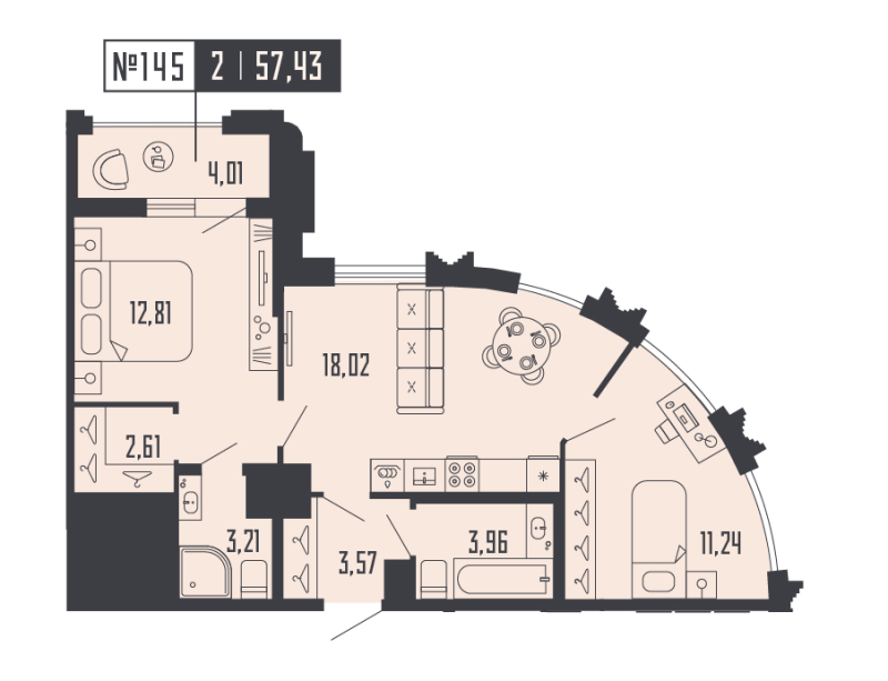 3-комнатная (Евро) квартира, 57.43 м² в ЖК "Shepilevskiy" - планировка, фото №1