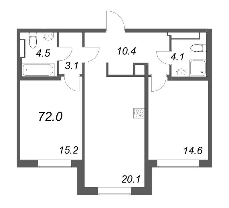 3-комнатная (Евро) квартира, 72 м² в ЖК "Визионер" - планировка, фото №1