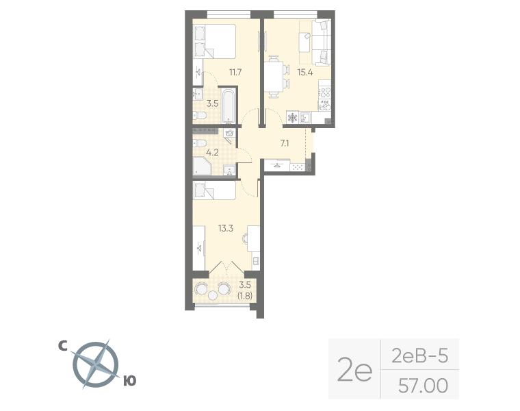 2-комнатная квартира, 57 м² в ЖК "Пулково Lake" - планировка, фото №1