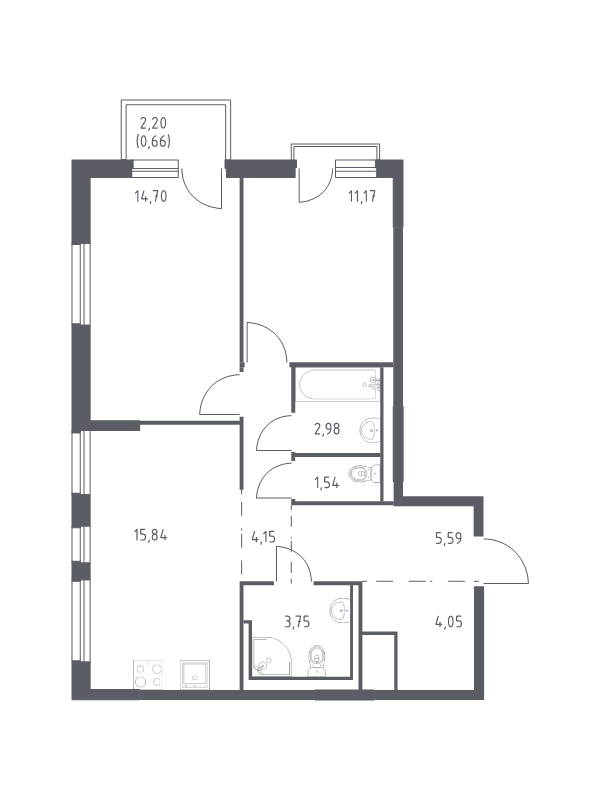 3-комнатная (Евро) квартира, 64.43 м² в ЖК "Невская Долина" - планировка, фото №1