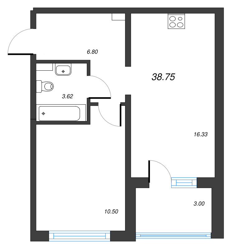 2-комнатная (Евро) квартира, 38.75 м² в ЖК "ЛесArt" - планировка, фото №1