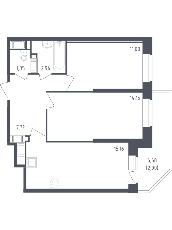 3-комнатная (Евро) квартира, 54.32 м² - планировка, фото №1