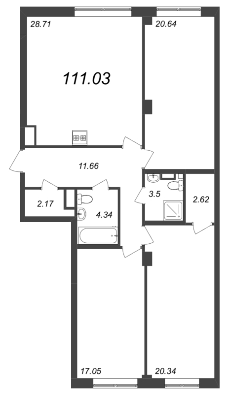 4-комнатная (Евро) квартира, 111.03 м² - планировка, фото №1