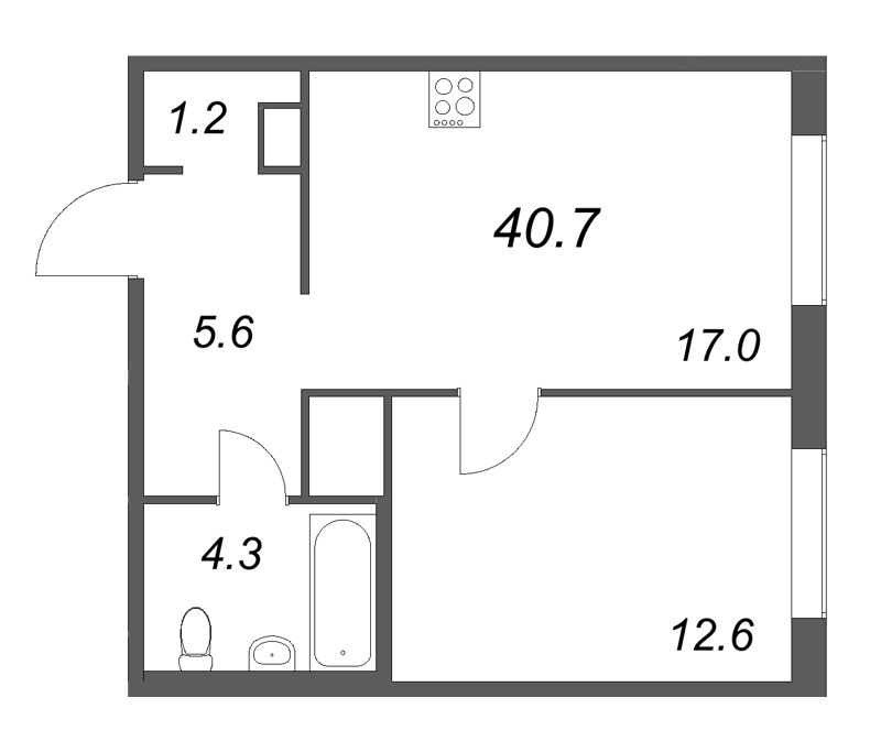 2-комнатная (Евро) квартира, 40.7 м² в ЖК "Передвижники" - планировка, фото №1