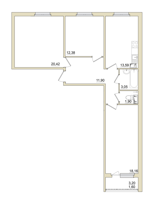 3-комнатная квартира, 83 м² в ЖК "Granholm Village" - планировка, фото №1