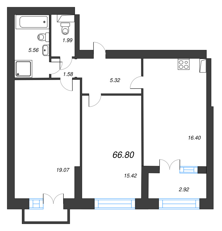 3-комнатная (Евро) квартира, 70.4 м² в ЖК "Наука" - планировка, фото №1