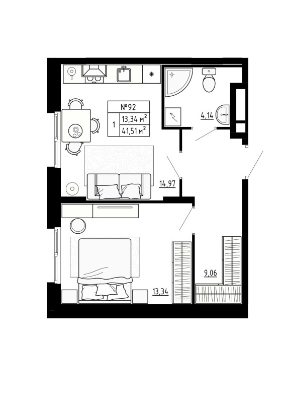 1-комнатная квартира, 41.8 м² - планировка, фото №1