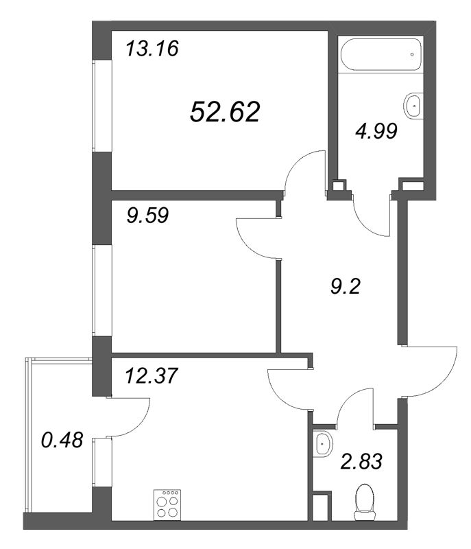 2-комнатная квартира, 52.62 м² в ЖК "Новая история" - планировка, фото №1
