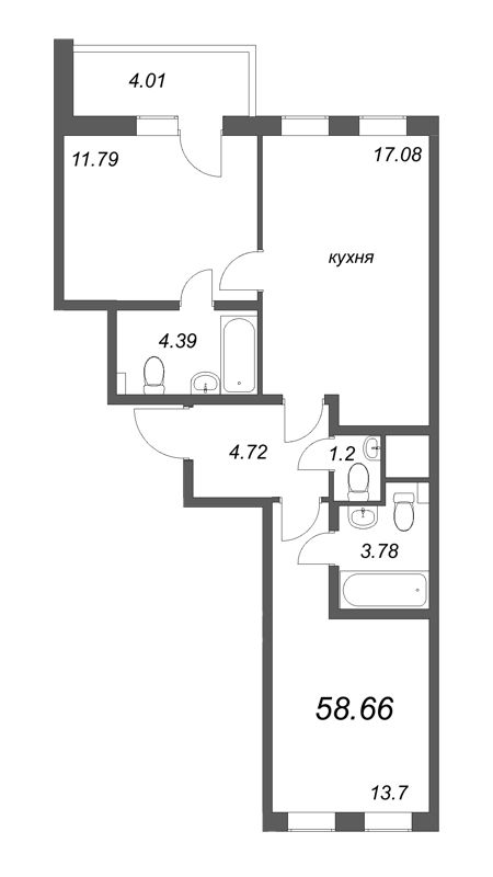 3-комнатная (Евро) квартира, 58.66 м² в ЖК "AEROCITY Club" - планировка, фото №1