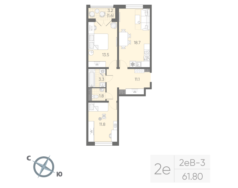 2-комнатная квартира, 61.8 м² в ЖК "Пулково Lake" - планировка, фото №1