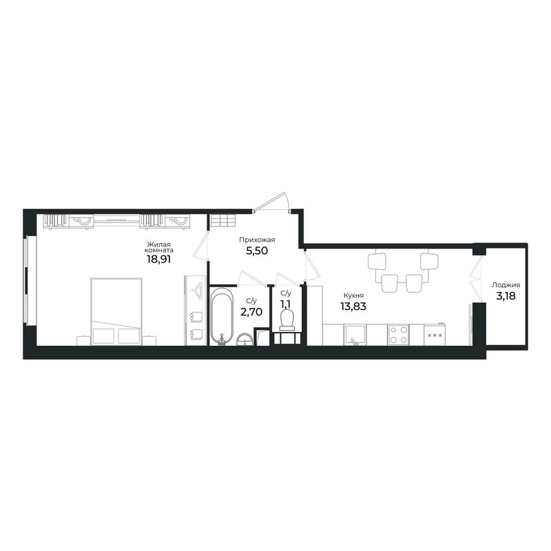 1-комнатная квартира, 41.4 м² в ЖК "Сертолово Парк" - планировка, фото №1