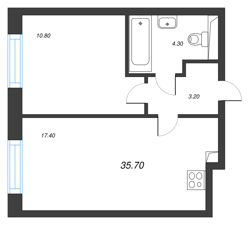 2-комнатная (Евро) квартира, 35.7 м² в ЖК "Большая Охта" - планировка, фото №1