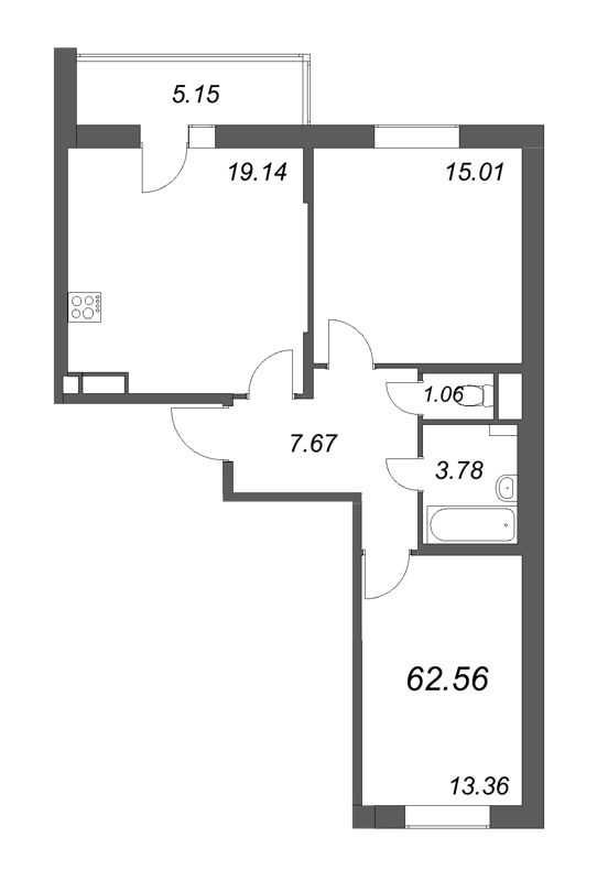 3-комнатная (Евро) квартира, 62.56 м² в ЖК "Аквилон All in 3.0" - планировка, фото №1