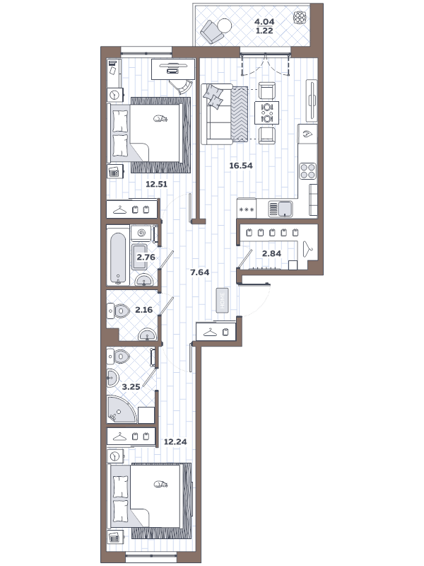 3-комнатная (Евро) квартира, 61.16 м² в ЖК "Новое Горелово" - планировка, фото №1