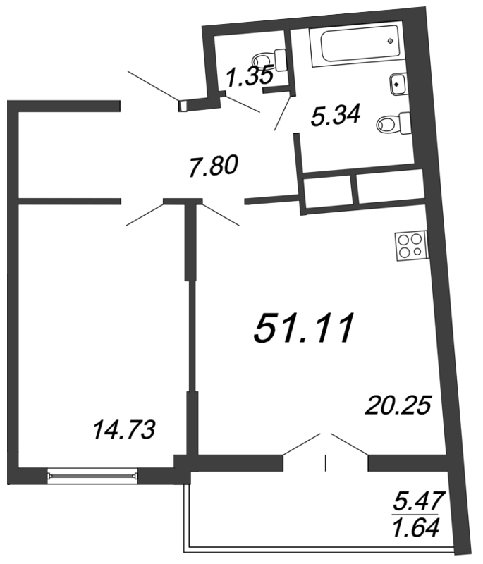 2-комнатная (Евро) квартира, 50.6 м² - планировка, фото №1