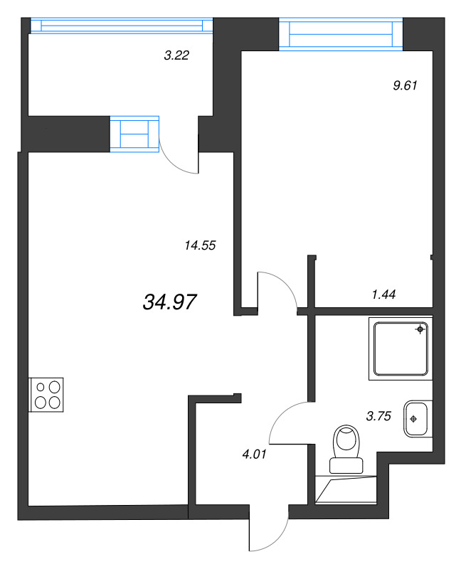 1-комнатная квартира, 34.97 м² в ЖК "Уютный" - планировка, фото №1