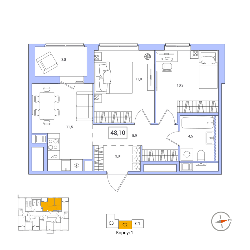 2-комнатная квартира, 48.1 м² в ЖК "Янила Форест" - планировка, фото №1