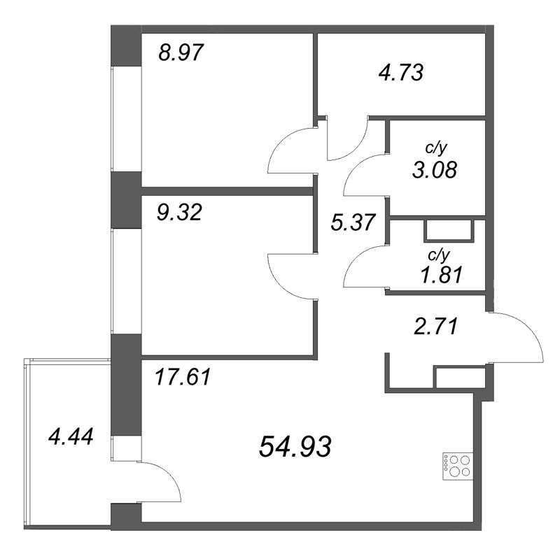 2-комнатная квартира, 54.93 м² в ЖК "Уютный" - планировка, фото №1
