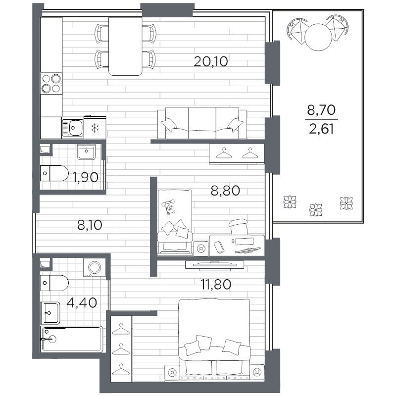 3-комнатная (Евро) квартира, 57.71 м² в ЖК "Плюс Пулковский" - планировка, фото №1