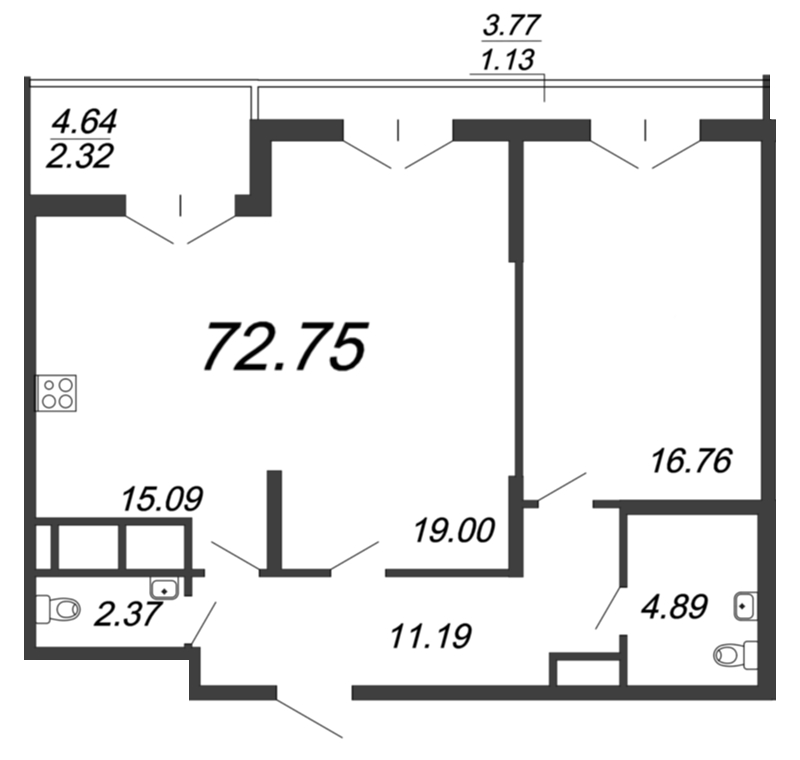 2-комнатная квартира, 72.5 м² - планировка, фото №1