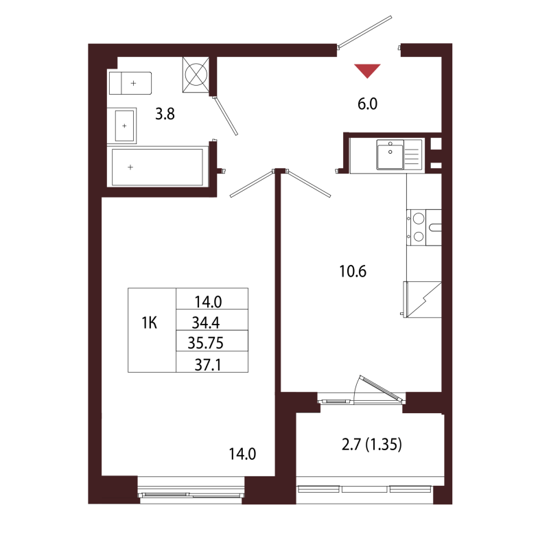 1-комнатная квартира, 35.75 м² в ЖК "Лисино" - планировка, фото №1