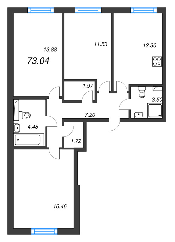 3-комнатная квартира, 73.04 м² - планировка, фото №1