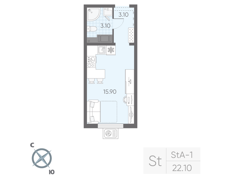 Квартира-студия, 22.1 м² в ЖК "Ручьи" - планировка, фото №1