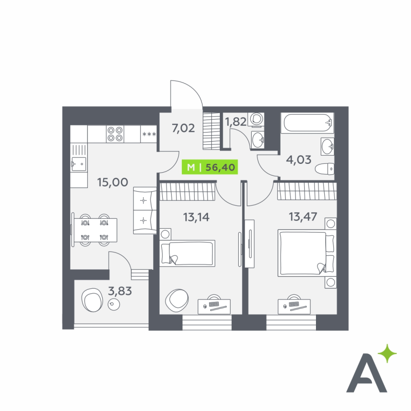 2-комнатная квартира, 56.4 м² в ЖК "Аквилон Verba" - планировка, фото №1