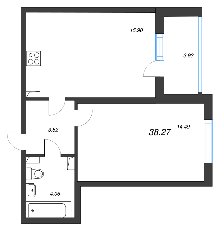 2-комнатная (Евро) квартира, 38.27 м² в ЖК "Любоград" - планировка, фото №1