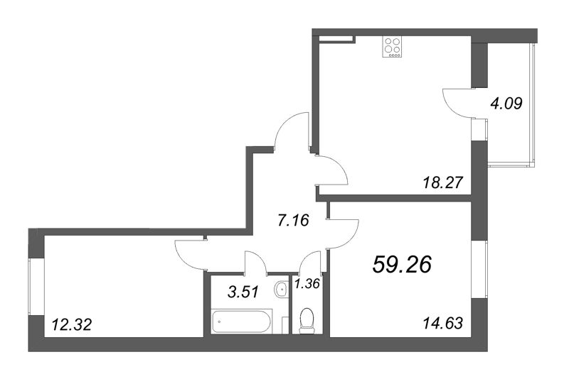 3-комнатная (Евро) квартира, 59.26 м² - планировка, фото №1