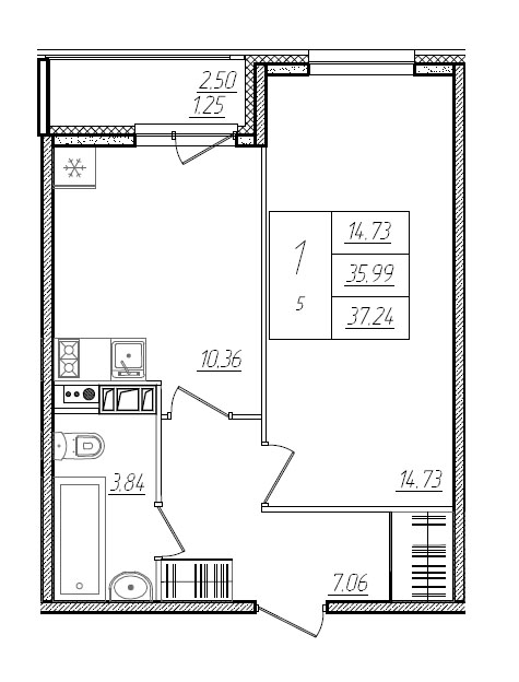 1-комнатная квартира, 39.6 м² - планировка, фото №1