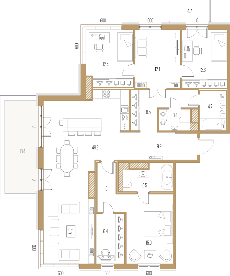 5-комнатная (Евро) квартира, 144.5 м² в ЖК "Черная речка, 41" - планировка, фото №1
