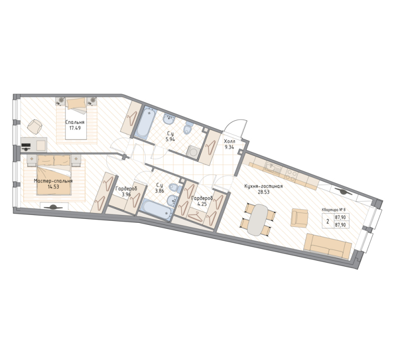 3-комнатная (Евро) квартира, 87.9 м² в ЖК "Квадрия" - планировка, фото №1