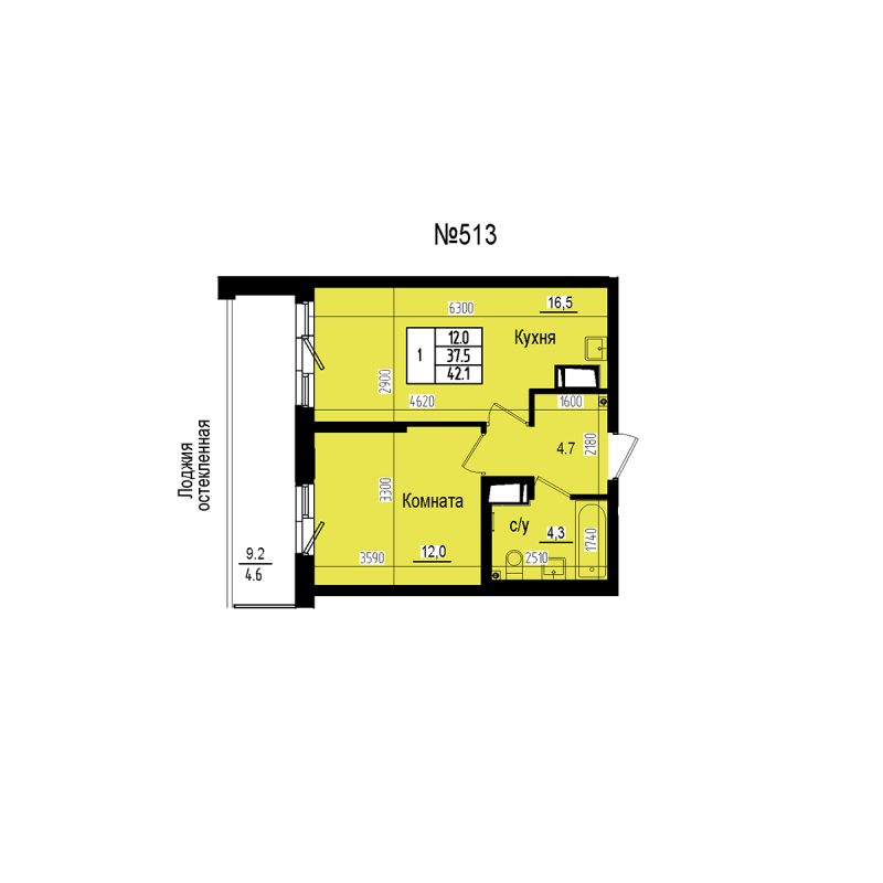 2-комнатная (Евро) квартира, 42.1 м² в ЖК "ПРАГМА СИТИ" - планировка, фото №1