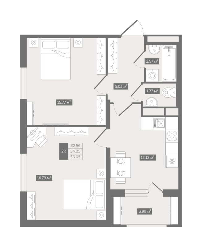 2-комнатная квартира, 56.05 м² - планировка, фото №1