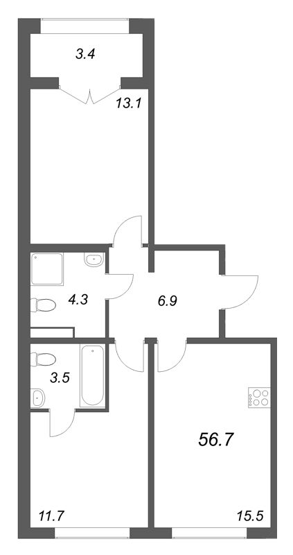 3-комнатная (Евро) квартира, 56.7 м² в ЖК "Пулково Лейк" - планировка, фото №1