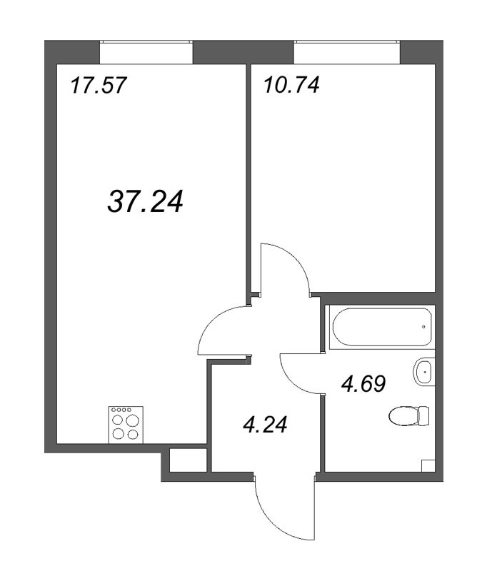 2-комнатная (Евро) квартира, 37.24 м² в ЖК "Аквилон Янино" - планировка, фото №1