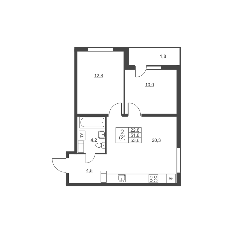 3-комнатная (Евро) квартира, 53.6 м² в ЖК "Ермак" - планировка, фото №1