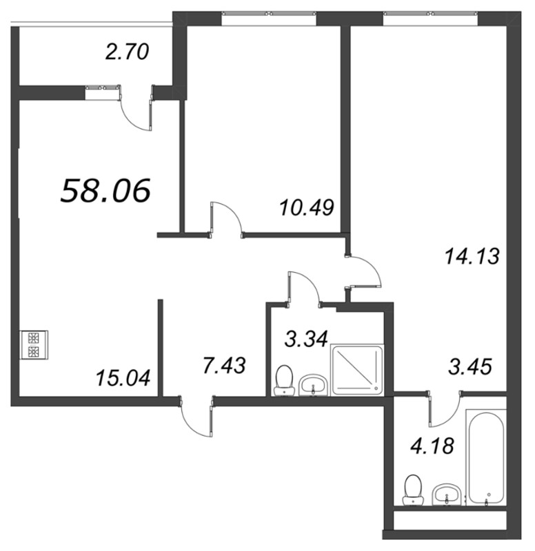 3-комнатная (Евро) квартира, 54.5 м² - планировка, фото №1